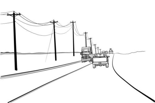 Vector drawing of a rural highway in Canada with a flat bed truck and a semi driving down the road.